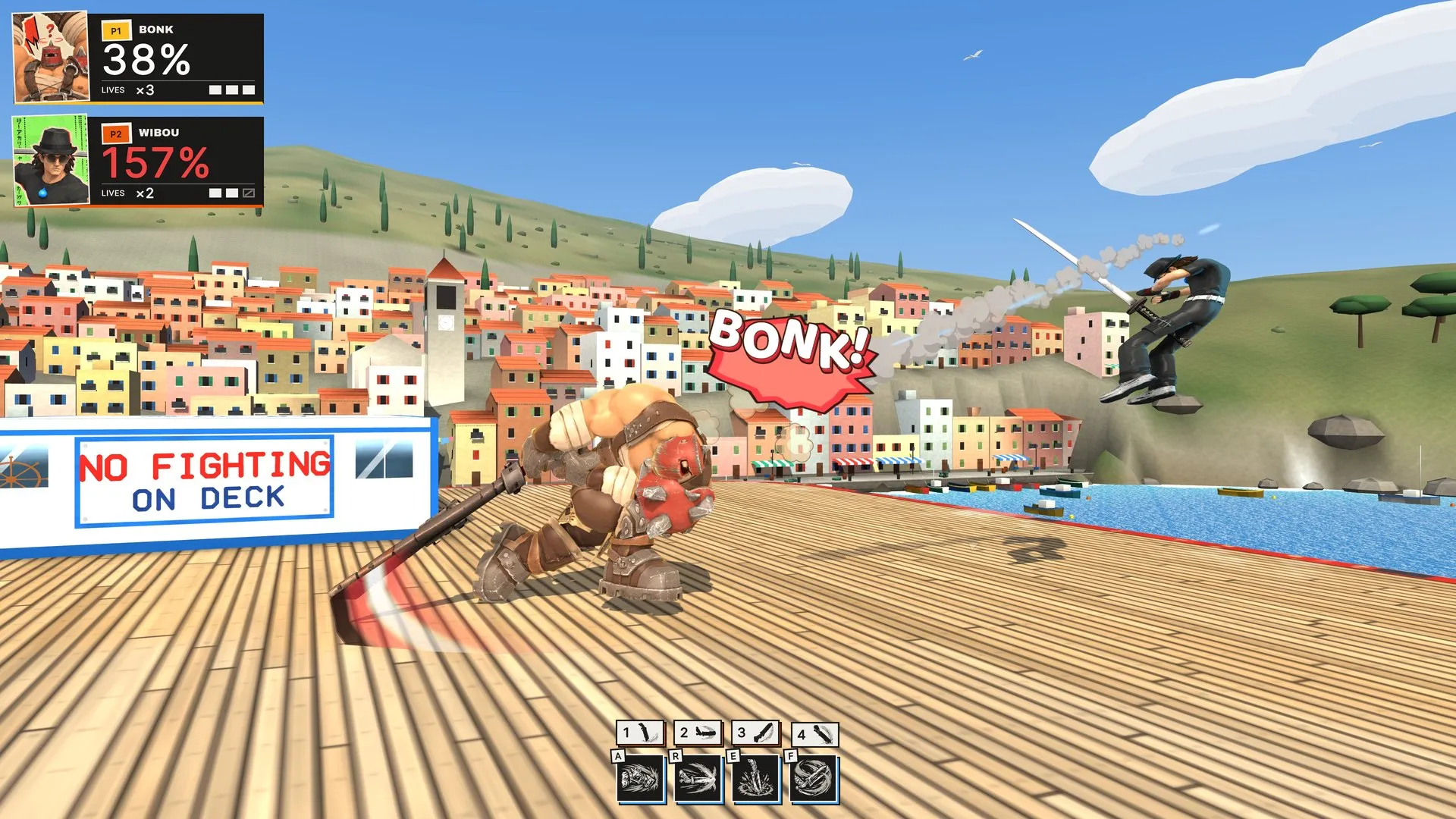 Bonk’s greatsword launches Wibou at 157% off a painted boat deck.