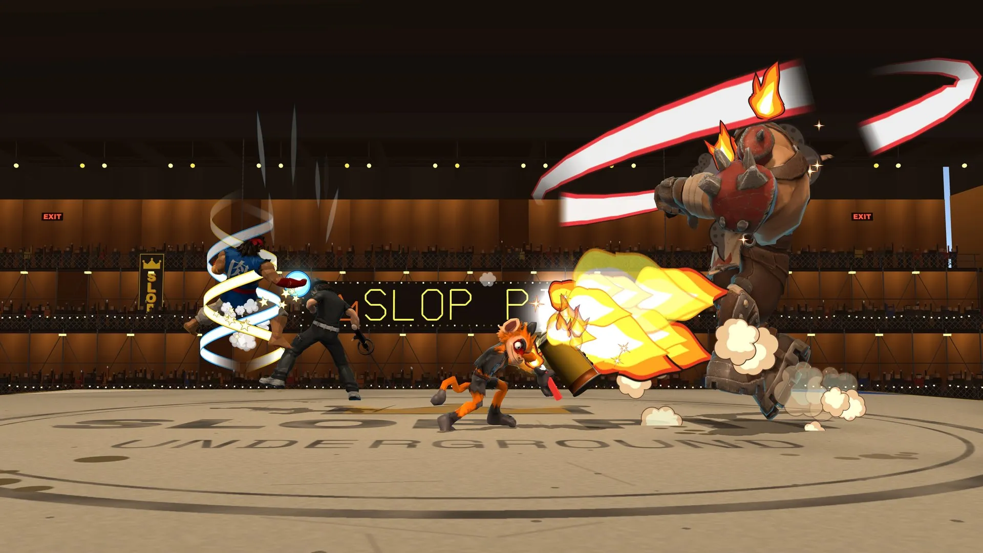 All four fighters collide in the Slop Pit