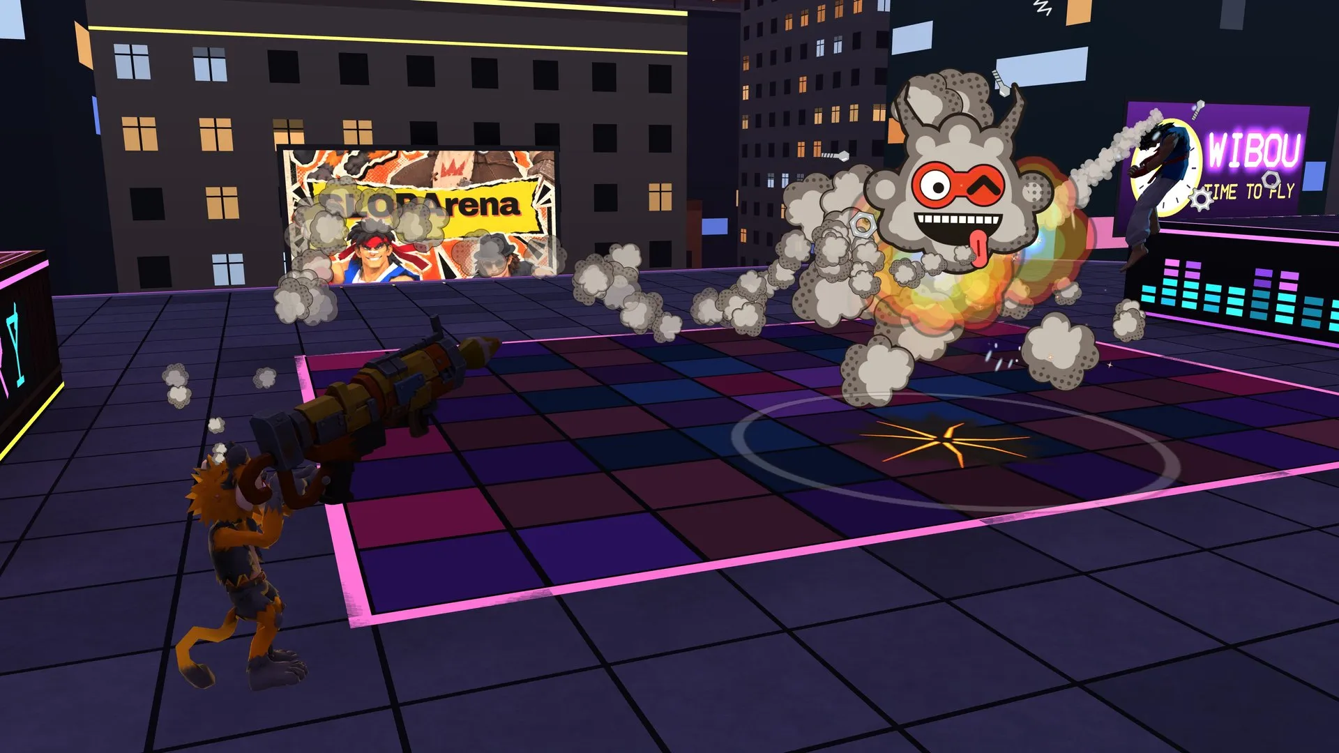 Manki’s bazooka sends FightGuy flying on a neon rooftop