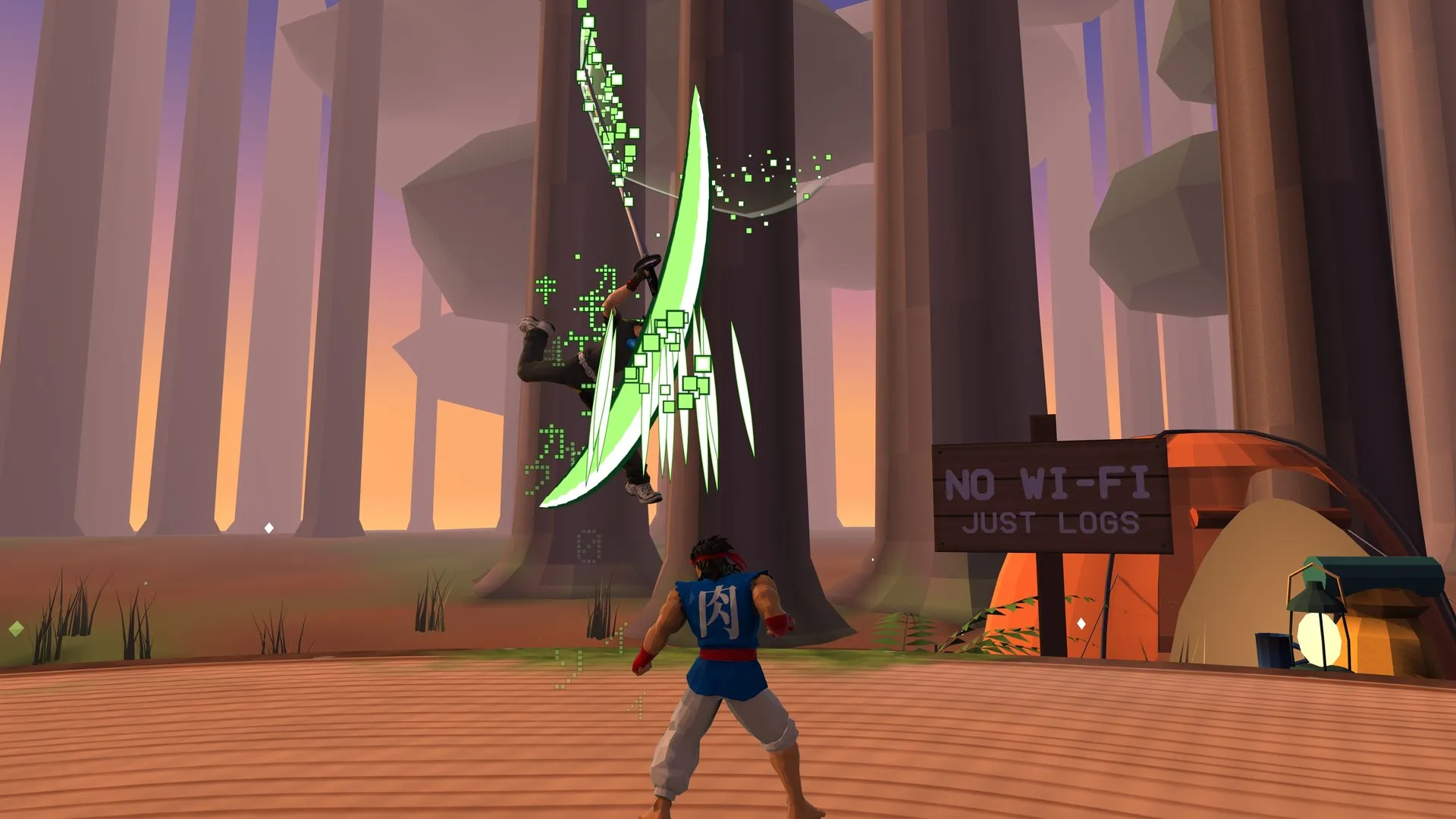 Wibou’s Skyfall slashes down at FightGuy in a forest campsite at sunset.